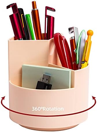 Desk Pencil Pen Holder, 3 Slots 360-Degree Spinning Organizers, Desktop Storage Stationery Supplies, Cute Cup Pot for Office, School, Art Supply, Kids - Pink