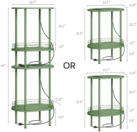 Small Oval Side Table with Charging Station, 2-Tier Green Round End Table
