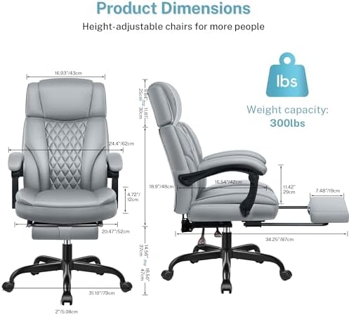 Executive Leather Office Chair, Big and Tall Office Chair with Footrest Home Office Desk Chairs, Ergonomic Computer Desk Chair with Lumbar Support, Reclining Desk Chair with Adjustable Angle