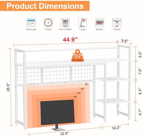 Snughome Desk Shelf, 44.9" Desktop Organizer Shelf, Desk Hutch for Computer Monitor, 4 Tier Desk Display Rack with Pegboard Hooks Set, Wood Desktop Bookshelf for Home Office Dorm