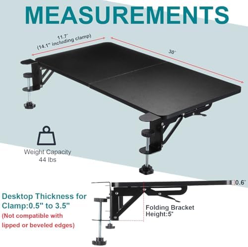 Yaocom Foldable Desk Extender 30 x 12 Inch Keyboard Tray Keyboard Extender for Desk Table Mount Arm Rest Shelf Foldable Drawer Tray for Dorm, Office, Kitchen Bar, RV Countertop, Black