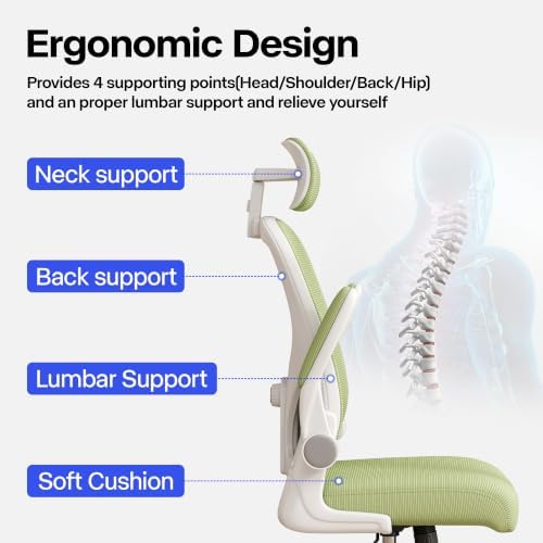 Office Chair, Ergonomic Desk Chair with Adjustable Lumbar Support, High Back Mesh Computer Chair and Headrest, Comfortable Gaming Chairs Rolling Swivel Task Chairs Flip-up Arms(Green)