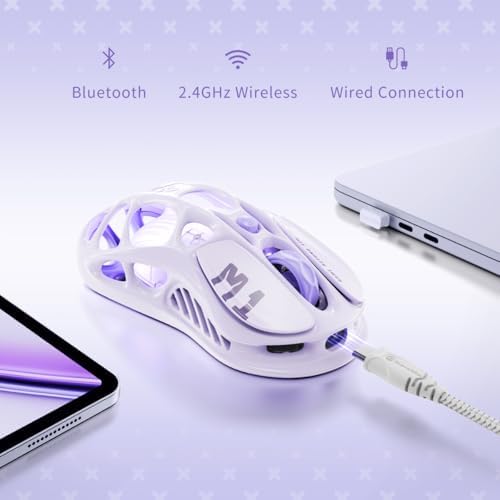 GravaStar Mercury M1 Pro Gaming Mouse, Lightweight Magnesium Alloy, 26,000 DPI, PAW3395DM Sensor, 5 Programmable Buttons, Support Wired/2.4GHz/BT, Up to 200 Hours Battery Life (Lavender Purple)