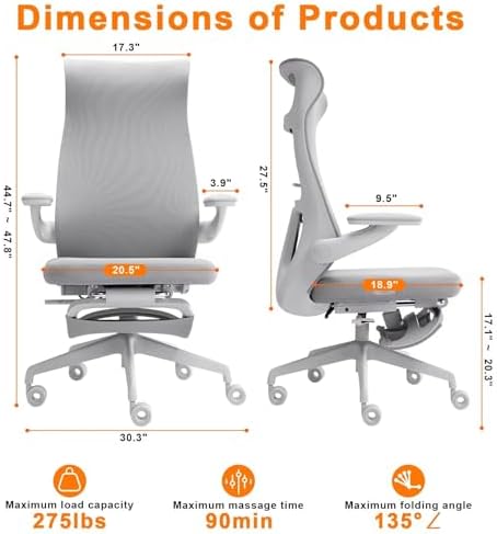 KRAZE Massage Office Chair Ergonomic High-Back Mesh Desk Chair, Light Gray