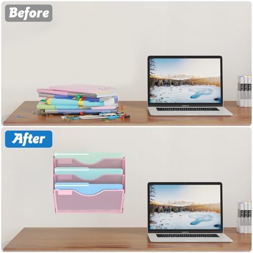Gawerk 3 Tier Hanging Wall File Organizer, Mesh Mail Paper Orgnization Hanging File Folder Holder for Home Office, Pink