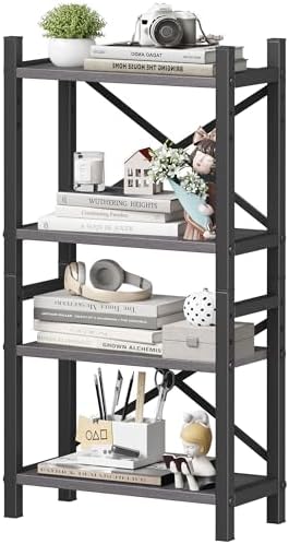 Desktop Bookshelf, 4-Tier Stackable Narrow Bookcase, Adjustable Industrial Desk Organizer & Hutch - Rustic Brown Wood Desktop Book Organizer for Living Room, Bedroom & Home Office