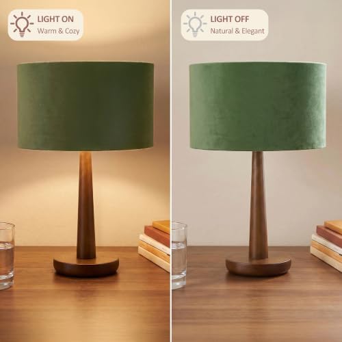 18.5" Modern Dimmable Walnut Wood Table Lamp with Velvet Shade, Green