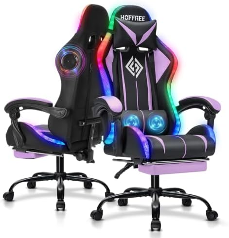 RGB Gaming Chair with Bluetooth Speakers LED Lights Computer Chairs-Purple