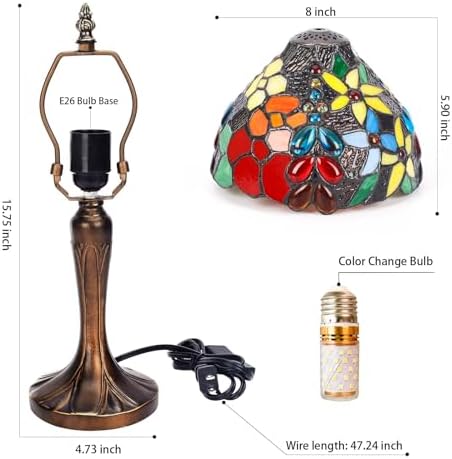 Stained Glass Bedside Small Table Lamp, Adjustable 3 Color Temperature, Floral Flower Style Lampshade & Antique Leaf-Patterned Relief Base Desk Nightstand Light Decor for Bedroom Bookcase