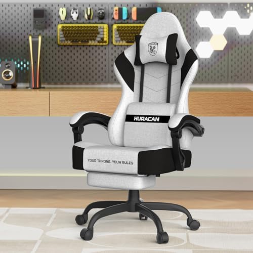 Ferghana Cotton Fabric Gaming Chair - Wider Seat Cushion, Shield-Shaped Embroidery, Ergonomic High Back with Footrest, Computer Gamer Chair for Adults Featuring Massage Lumbar Support, White