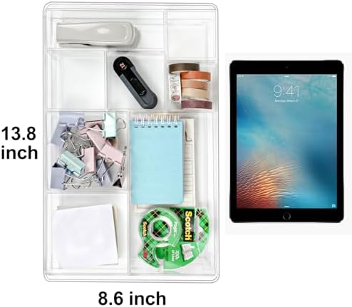 ZEXALOR 8-Section Clear Drawer Organizer, Large Acrylic Drawer Divider Tray for Desk,Bathroom,Office Makeup,Junk, Plastic Drawers Organizer 13.7" x 8.7" x 2" (8-Section)