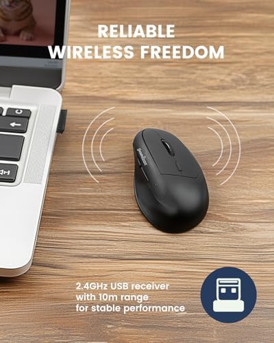 Perixx PERIMICE-608II Wireless Vertical Mouse, 2.4GHz, 6 Buttons, Adjustable DPI 800/1200/1600/2400, Right-Handed Design, USB Receiver, Black