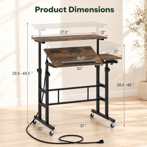 Tangkula Height Adjustable Mobile Standing Desk with Built-in Power Outlets