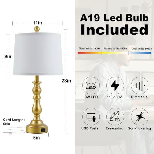 Gold Table Lamps Set of 2, Gold Lamps for Bedroom, USB C+A Ports