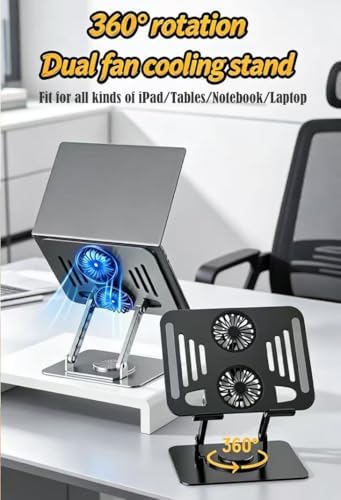 Laptop Tablet Cooling Stand with 360° Rotation Base and USB Dual Cooler, Adjustable Height Support Compatible with Tablets, iPad, 10-17" Notebook (Silver)