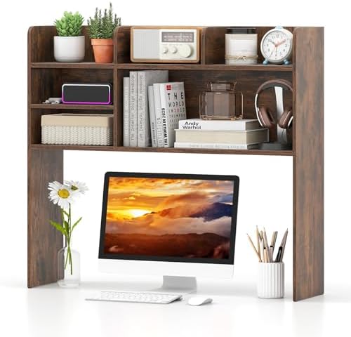 Tangkula Desktop Bookshelf for Computer Up to 32”, 37” Countertop Storage Hutch with 6 Storage Shelves, 3-Tier Desktop Organizer Display Rack, Wooden Desk Hutch for Dorm Home Office (Rustic Brown)