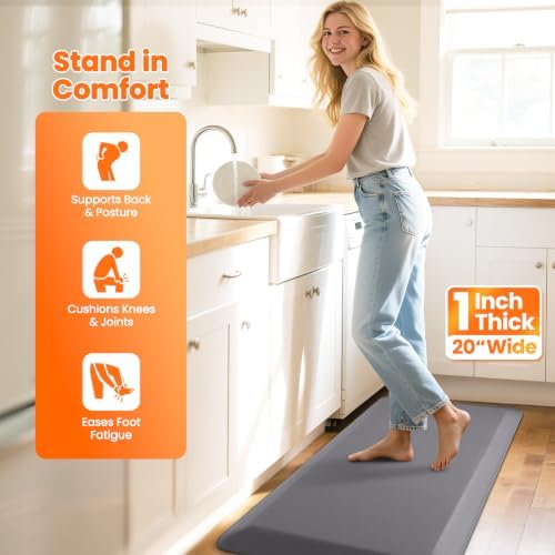 1-Inch Thick Anti-Fatigue Mat for Kitchen and Standing Desk, 20"x39", Grey