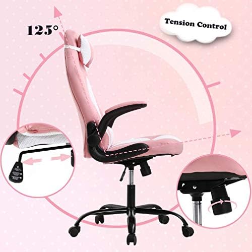 Gaming Chair Office Chair Desk Chair Ergonomic High Back Computer Chair with Lumbar Support Flip-up Arms Headrest PU Leather Swivel Task Chair for Women Men Adult, Pink