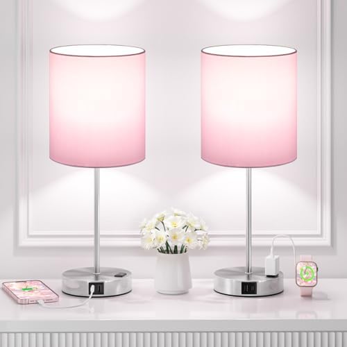 17.6" Pink Touch Lamps for Bedroom Set of 2 - Dimmable, USB C+A, AC Outlet