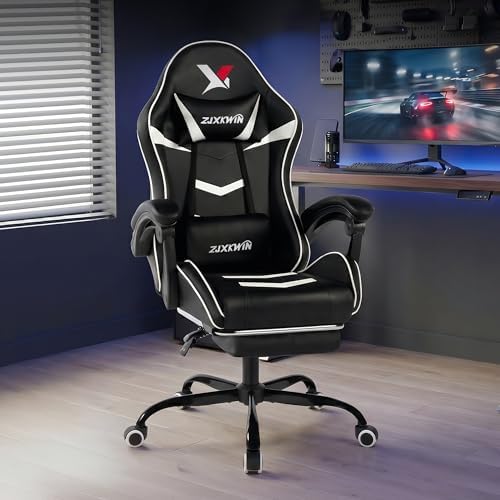 Ergonomic Gaming Chair for Adults, Reclining Computer Office Desk Chair with Footrest, Pocket Spring Cushion,Linkage Armrests, Lumbar Support & Headrest, Heavy-Duty Enlarged Metal Base,White