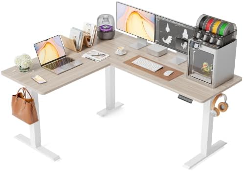 FEZIBO 63" x 55"L Shaped Standing Desk Adjustable Height, Electric Stand up Corner Computer Desk, Sit Stand Home Office Desk with Splice Board, Light Walnut Top/White Frame