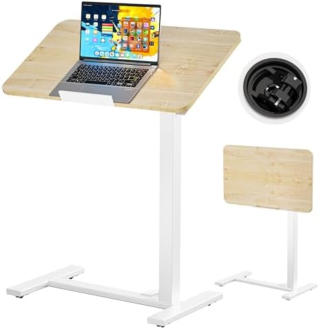 BIZUM Mobile Standing Desk Laptop Desk Pneumatic with Wheels 180° Tilt Top Hospital Bed Table Portable Rolling Cart Foldable Bedside Table for Hospital&Home Use, Maple