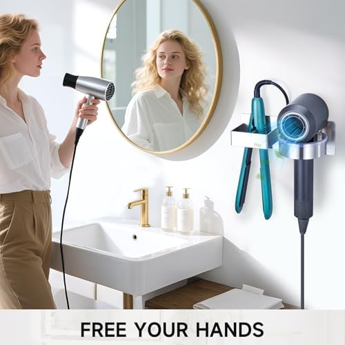 Hair Dryer Holder Wall Mounted, Hair Straightener Holder, Blow Dryer Holder Adhesive, Hair Tool Organizer for Flat Iron, Hairdryer, Curling Iron Holder for Bathroom Vanity Barber Shop (Silver)