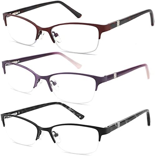 3 Pack Reading Glasses for Women Blue Light Metal Half Frame 3.25