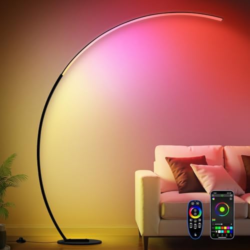 RGB Dimmable Arc Floor Lamps with 3 Color Temperatures, Ultra Bright 1800LM LED Floor Lamps for Living Room, Modern Standing Tall Lamp with Remote Control, Reading Floor Lamp for Bedroom Office