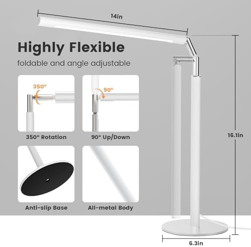 SIBRILLE White LED Desk Lamp, 16" Dimmable Metal Desk Light with Base, 15W 1200LM, Adapter Included, Color & Brightness Adjustable, Modern Tall Table Lamp for Home Office Reading Study Task Laptop