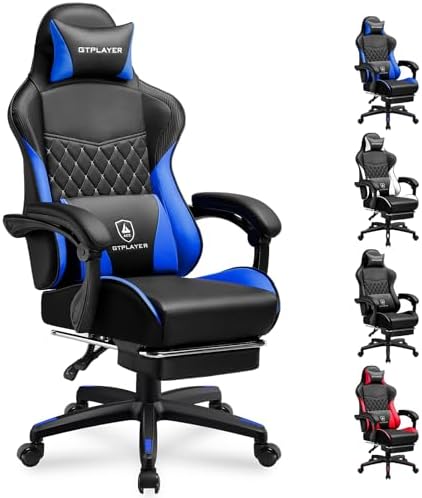 GTPLAYER Gaming Chair, High Back Leather Computer Gaming Chair with Footrest, Ergonomic Height Adjustable Office Chair with Removable Cover and Lumbar Support for Gaming & Work,Blue