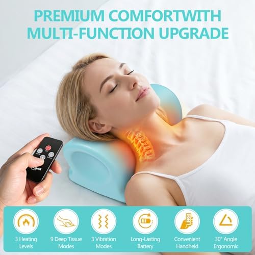 Neck Massager Pillows Cervical Device: Neckline 4-in-1 Massager with Heat Vibration 3 Level Adjustable - Portable Cervical Traction Device for Pain Relief and Muscle Relaxation at Home, Car, Office