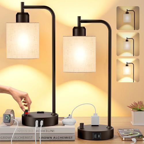 SIBRILLE Industrial Table Lamps with Linen Shade, Set of 2 Fully Dimmable Bedside Lamps with USB A+C Ports and Outlet, Brown Nightstand Desk Lamps for Bedrooms Living Room Office, 2 LED Bulbs Included