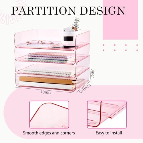 Harloon 4 Tier Paper Organizer Clear Pink Letter Tray Acrylic File Tray