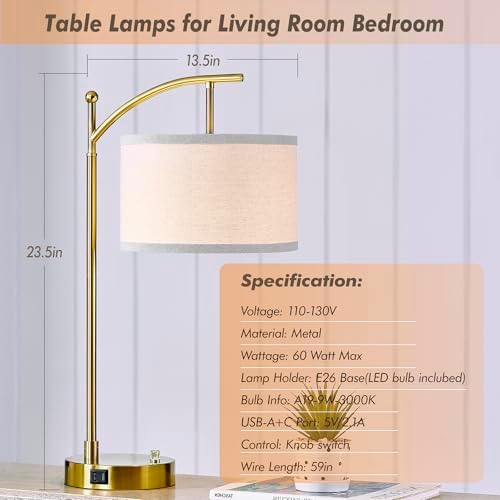 Table Lamp Set of 2, 23.5" Bedside Lamps with USB C+A Ports, Gold
