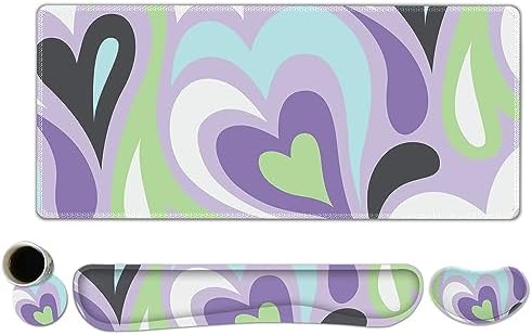 ToLuLu Extended Gaming Mouse Pad, Memory Foam Ergonomic Keyboard Mouse Wrist Rest Support Set, Large Desk Mat with Stitched Edges, Non-Slip Base Mousepad for Home Office Game Study, Purple Hearts