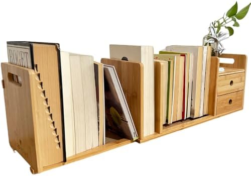 Desktop Bookshelf Expandable with Two Drawer Organizers Made of Bamboo, Collapsible Design & Compartments for Efficient, Clutter-Free Workspace Organization - Sleek Bookshelf