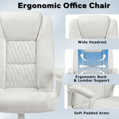 Executive Office Chair, High Back Ergonomic Desk Chair with Lumbar Support, Adjustable Big and Tall Computer Chair, 360° Swivel, PU Leather, White