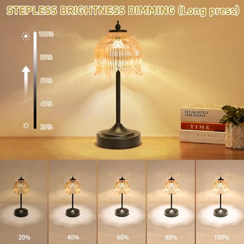 Cordless Table Lamp, Rechargeable Amber Glass Lotus Flower Lamp