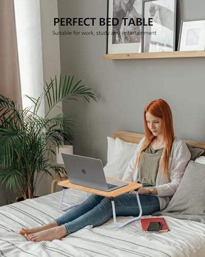 ZEAPTAC Laptop Bed Desk, Foldable Lap Desk, Portable Lap Table, Bed Table, Laptop Stand, Lightweight & Mini Table for Breakfast/Picnic/Drawing/Couch/Floor - Wood