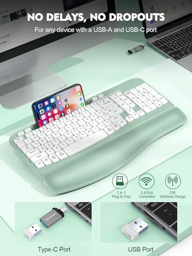 EAYBLLY 2.4G Wireless Ergonomic Keyboard, Full Size Wave Keys with Memory Foam Wrist Rest & 7.28in Phone Holder, USB-C Adapter Included for Windows Mac Chrome OS, Office or Home (Mint Green)