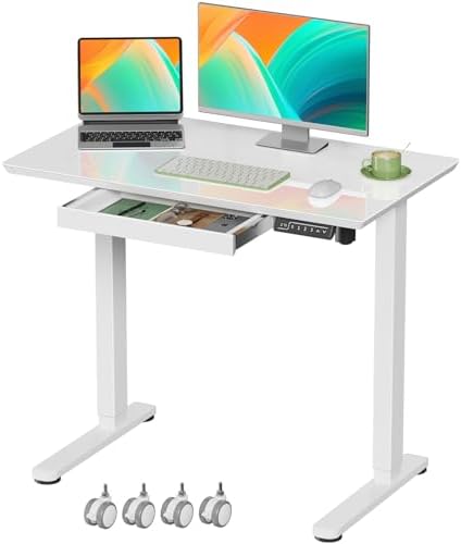Gibbon Mounts 35” White Glass Standing Desk Height Adjustable with Drawer