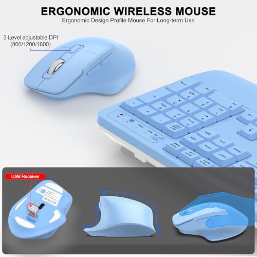 Wireless Keyboard and Mouse Combo, 2.4G Ergonomic Wave Keys(Sky Blue)