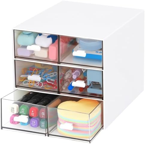Desk Organizer with 5 Drawers, Rectangular Office Stationery Supplies Desktop Drawers, Plastic Makeup Storage, Suitable for Office, School, Home (White & 6 Drawers)