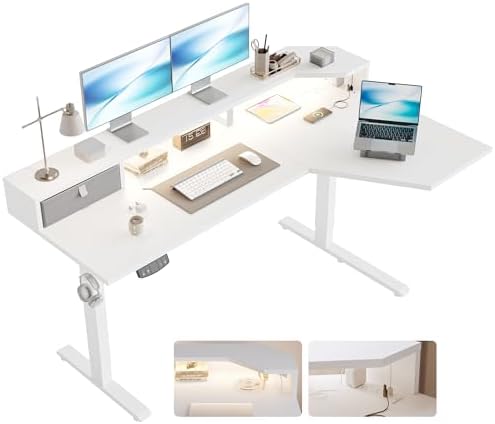 Agilestic 63*35 Inch L Shaped Standing Desk with Shelf & Led& Outlet, White