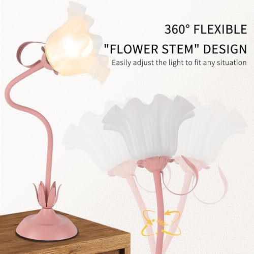 Cute Flower Desk Lamp, 3 Color Temperature Table Lamps with LED Bulb, Vintage Bedside Lamp, Reading Lamps with Soft Light for Bedroom, Living Room（Pink）