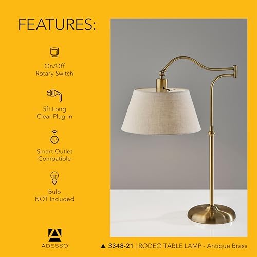 Adesso Table Lamp, Antique Brass & Cream, Adjustable Arm, 27”
