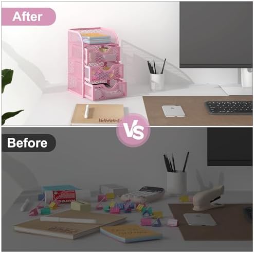 EasyPAG Mesh Desk Organizer with 3 Drawer Office Desktop Organizers and Accessories Stationery Caddy for Office, Home, Students, Pink