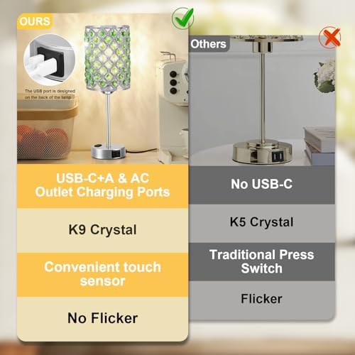 Crystal Lamp for Night Stands, Green Table Lamp for Bedroom, Bulb Included