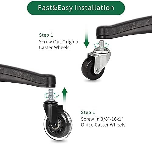 8T8 3 Inch Office Chair Caster Wheels Heavy Duty, Set of 5, 3/8"-16x1 (Not Metric M10), Threaded Stem Casters with Flange Nuts, Replacement PU Rubber Wheels, Safe for Hardwood Tile Floors…